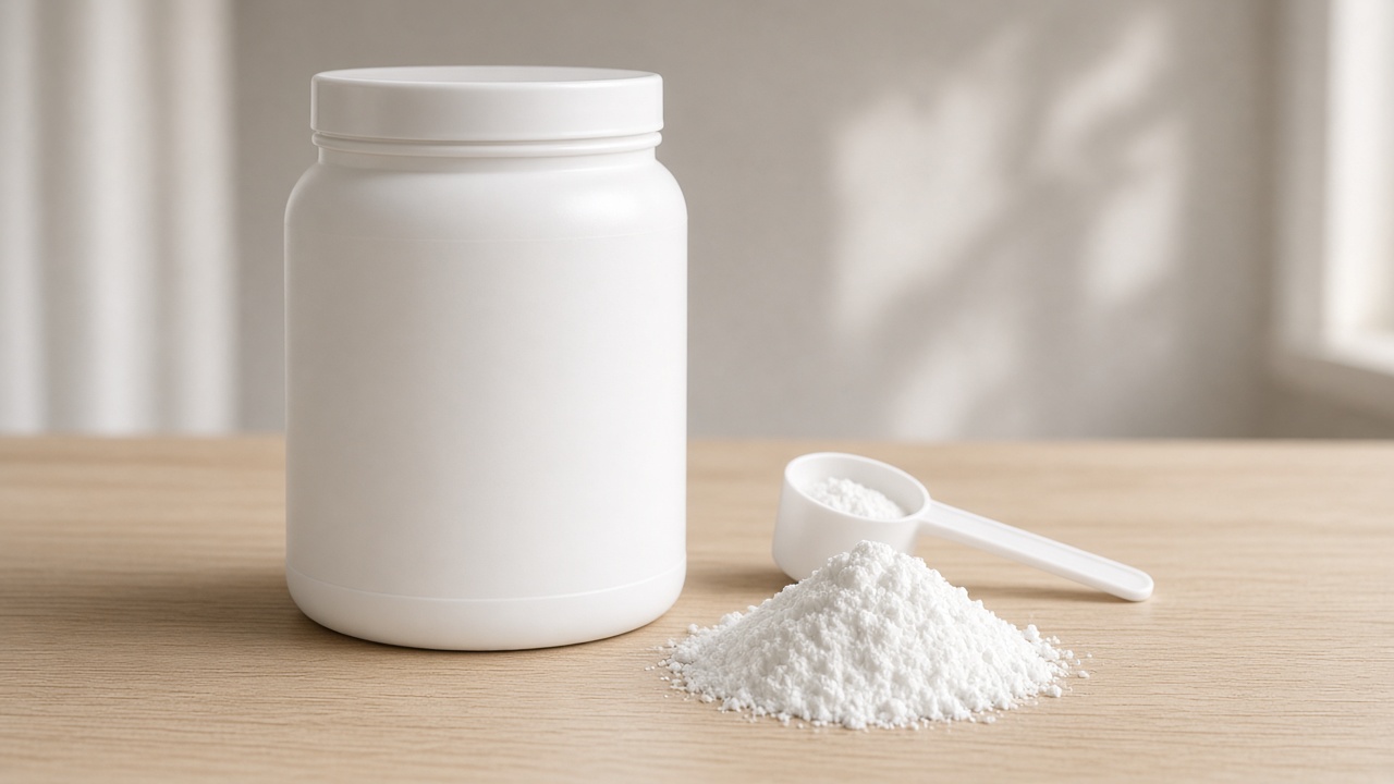 Creatine monohydrate powder in a scoop and jar
