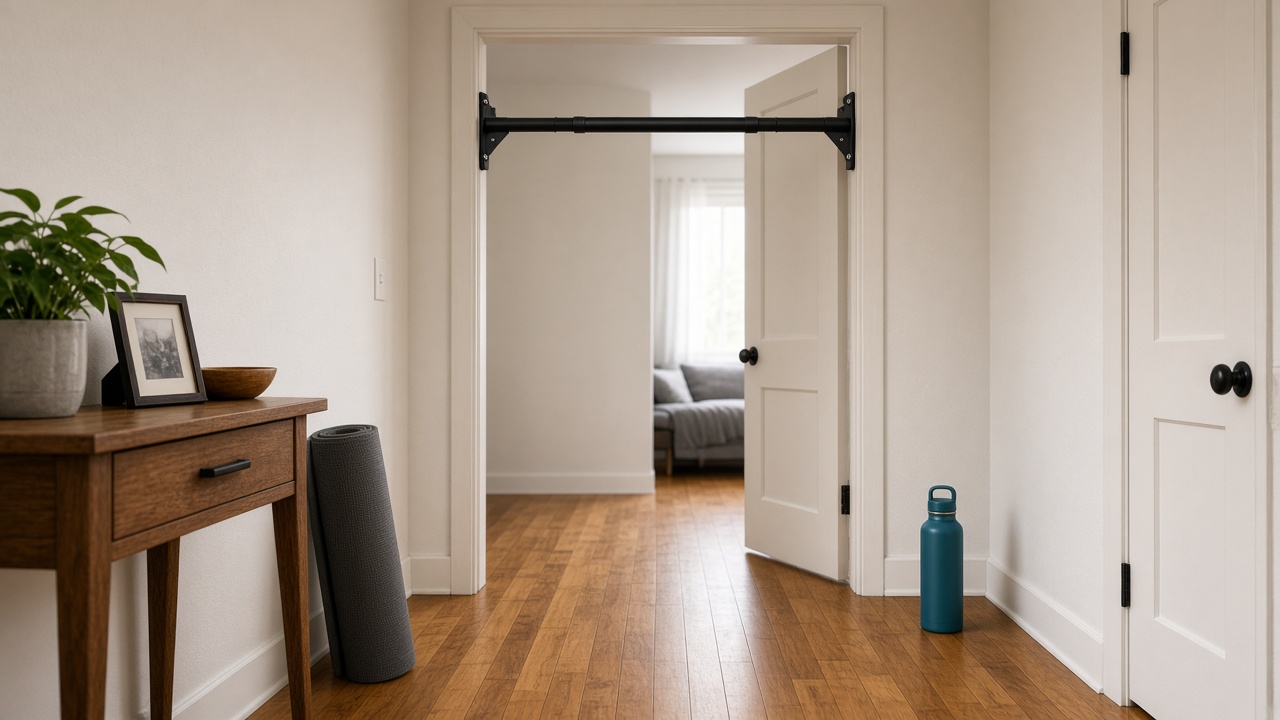 Doorway pull-up bar installed in apartment door frame