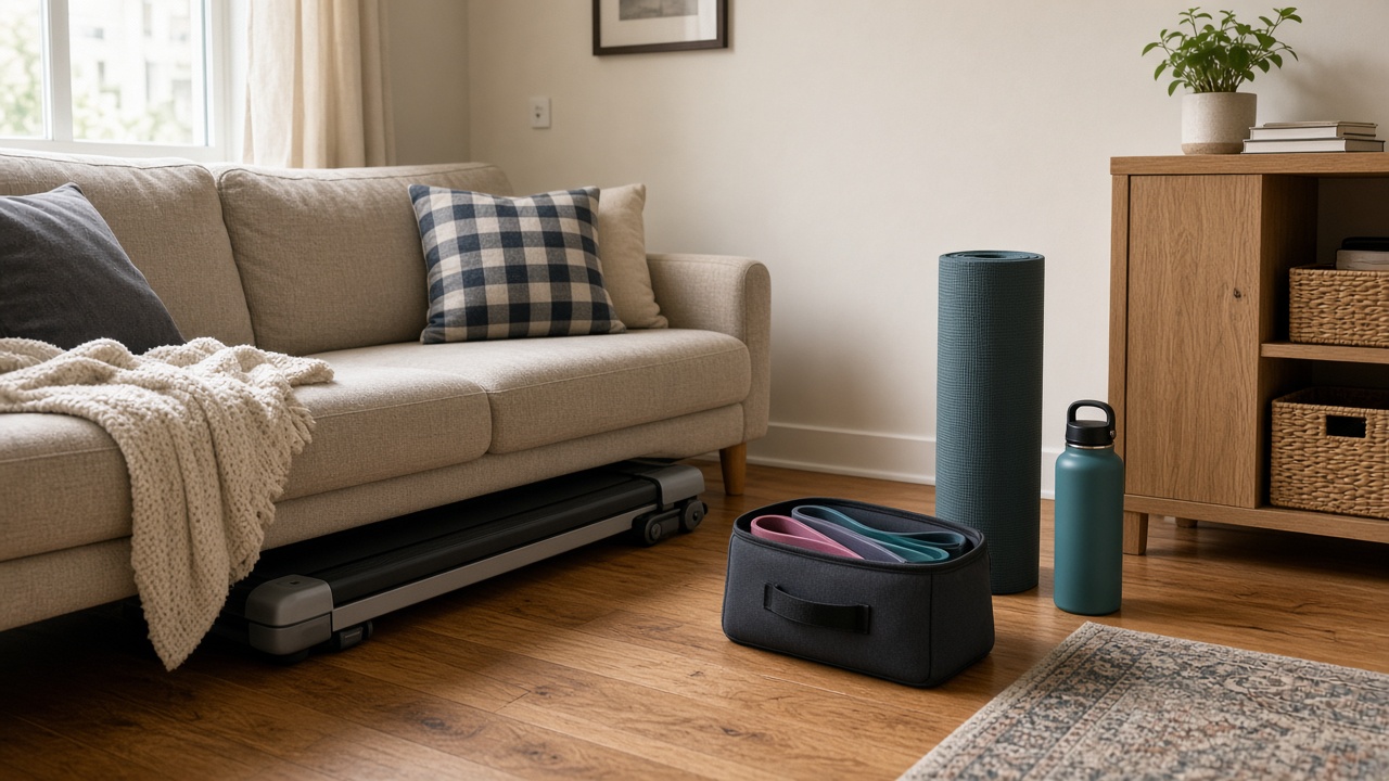 Foldable apartment workout gear tucked under sofa with bands and mat