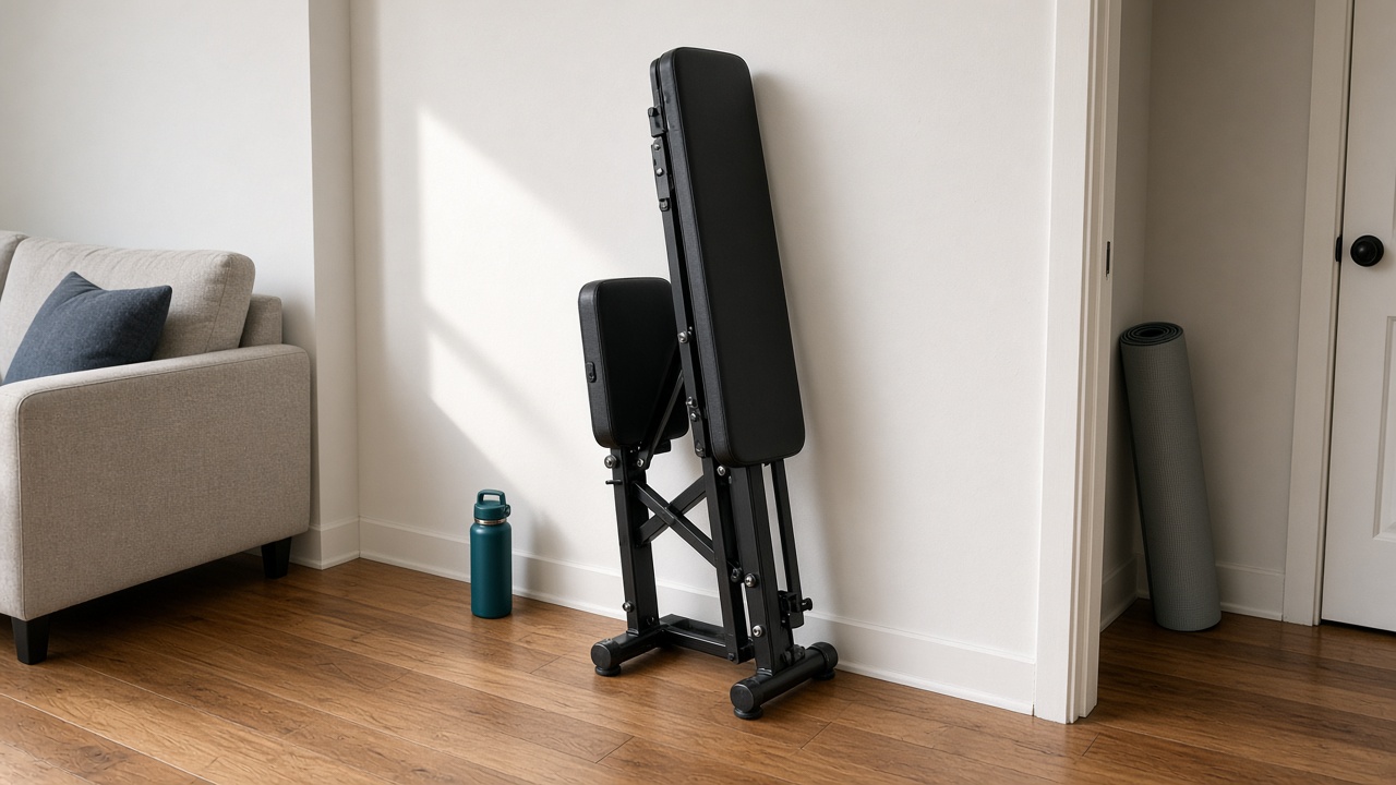 Foldable workout bench stored upright on warm oak apartment floor