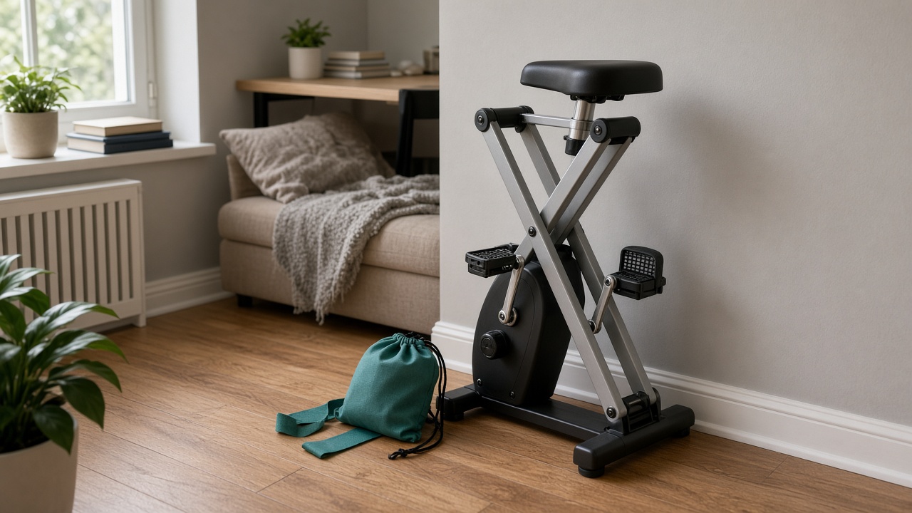 Foldable X-frame exercise bike parked in apartment corner on hardwood
