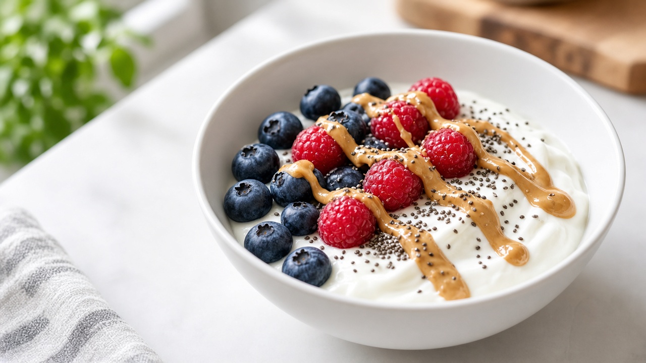 High-protein breakfast bowl with yogurt, berries, and nut butter
