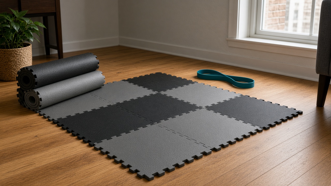 Interlocking foam gym mats on warm oak apartment floor