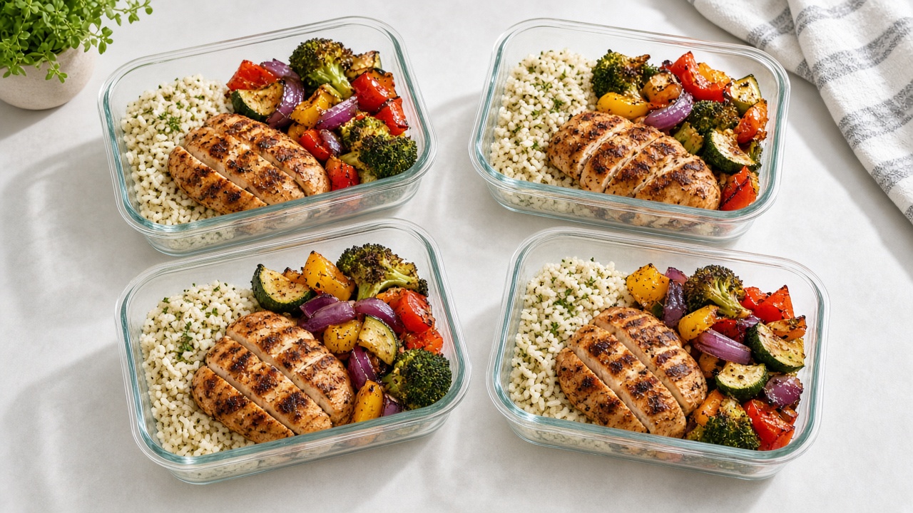 Four glass meal-prep containers with grilled chicken, vegetables, and rice