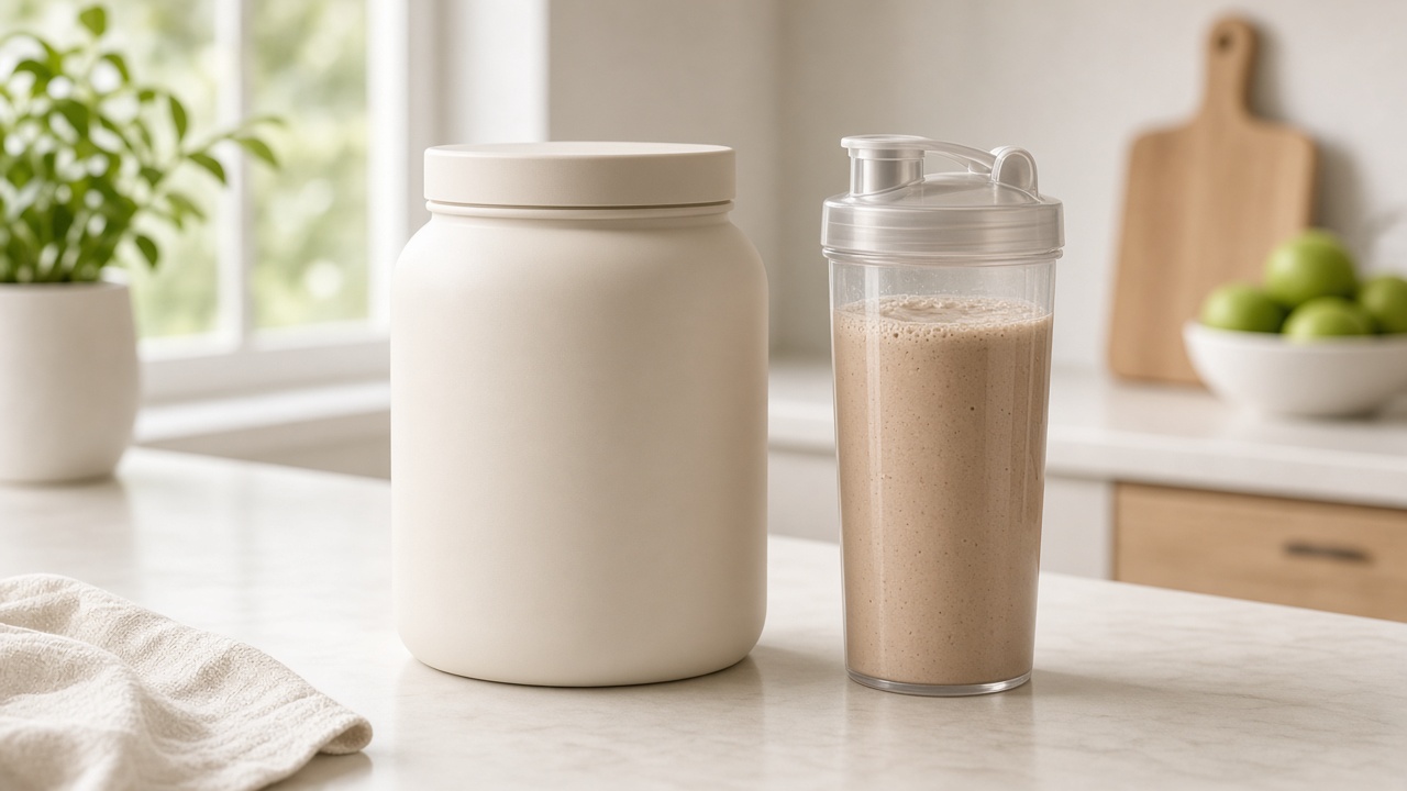 Whey protein tub and shaker bottle on a kitchen counter