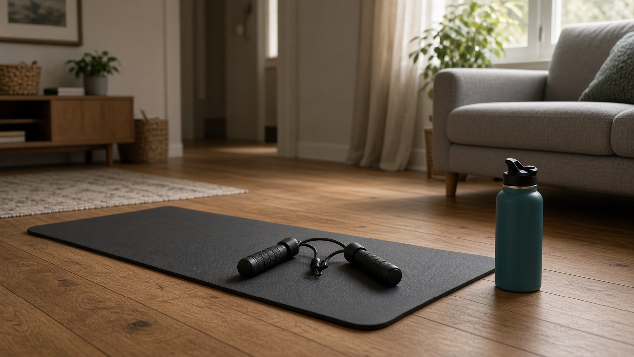 Cordless jump rope on exercise mat over warm apartment hardwood
