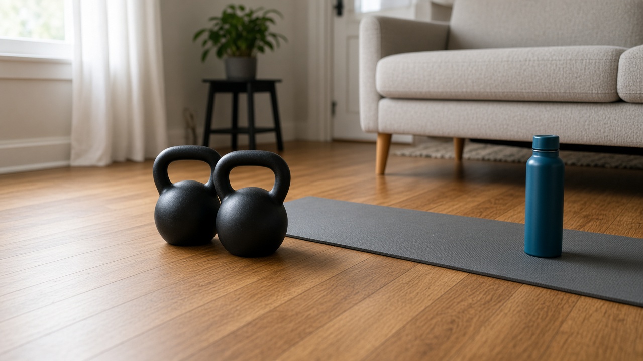 Rubber-coated kettlebells on warm oak hardwood beside a mat