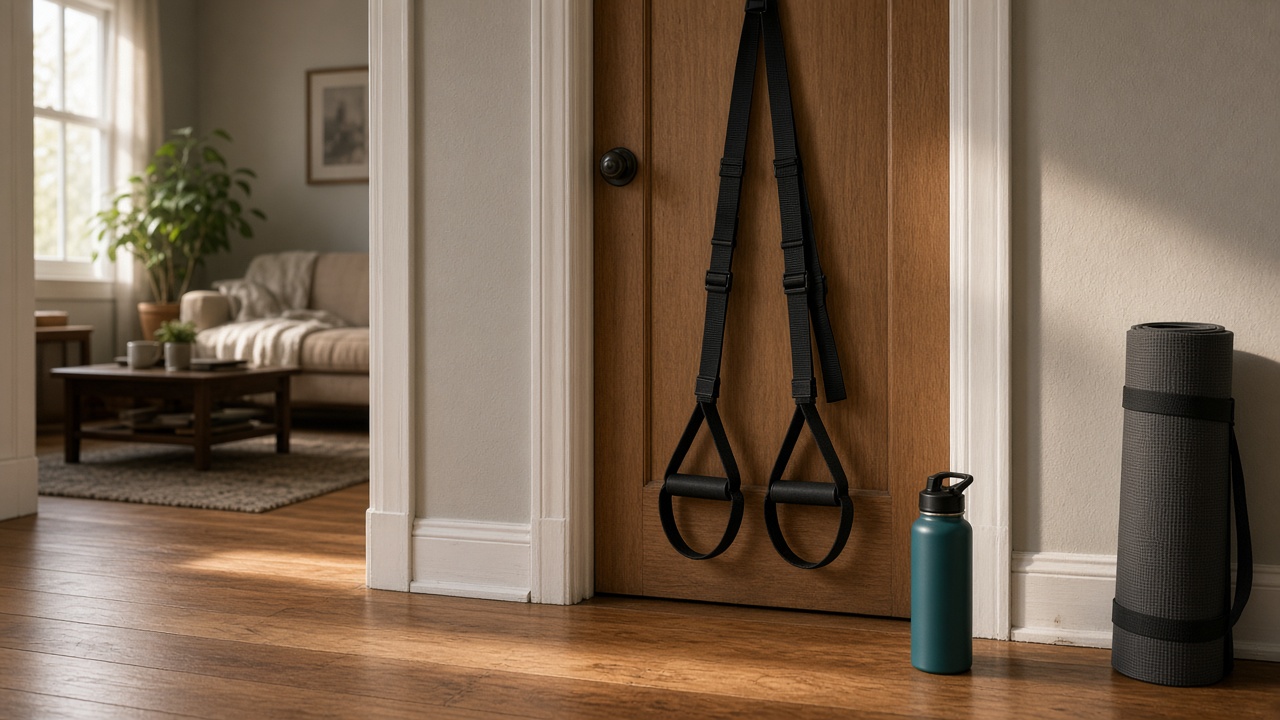 Suspension trainer straps hanging from apartment doorway on hardwood