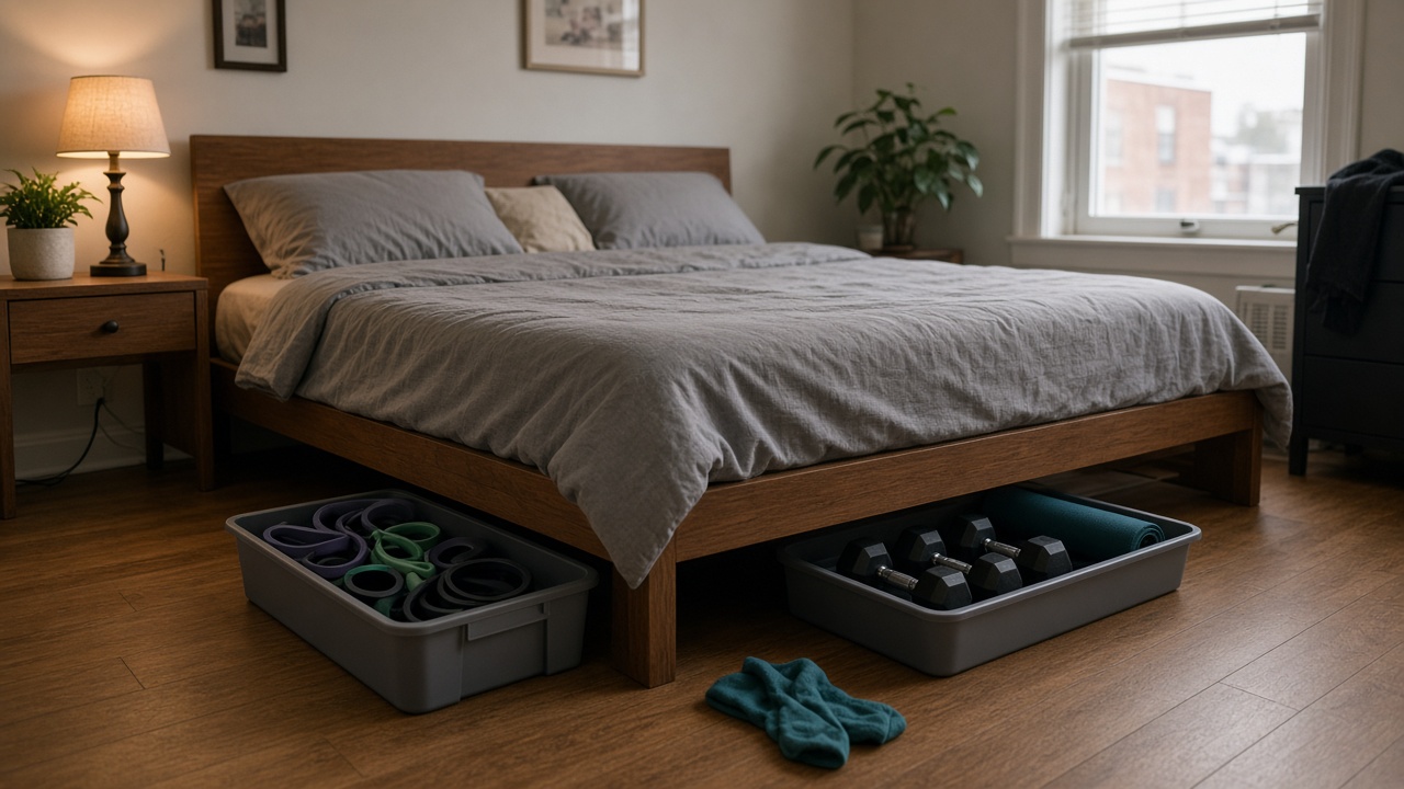 Under-bed storage bins with gym gear pulled out in apartment bedroom