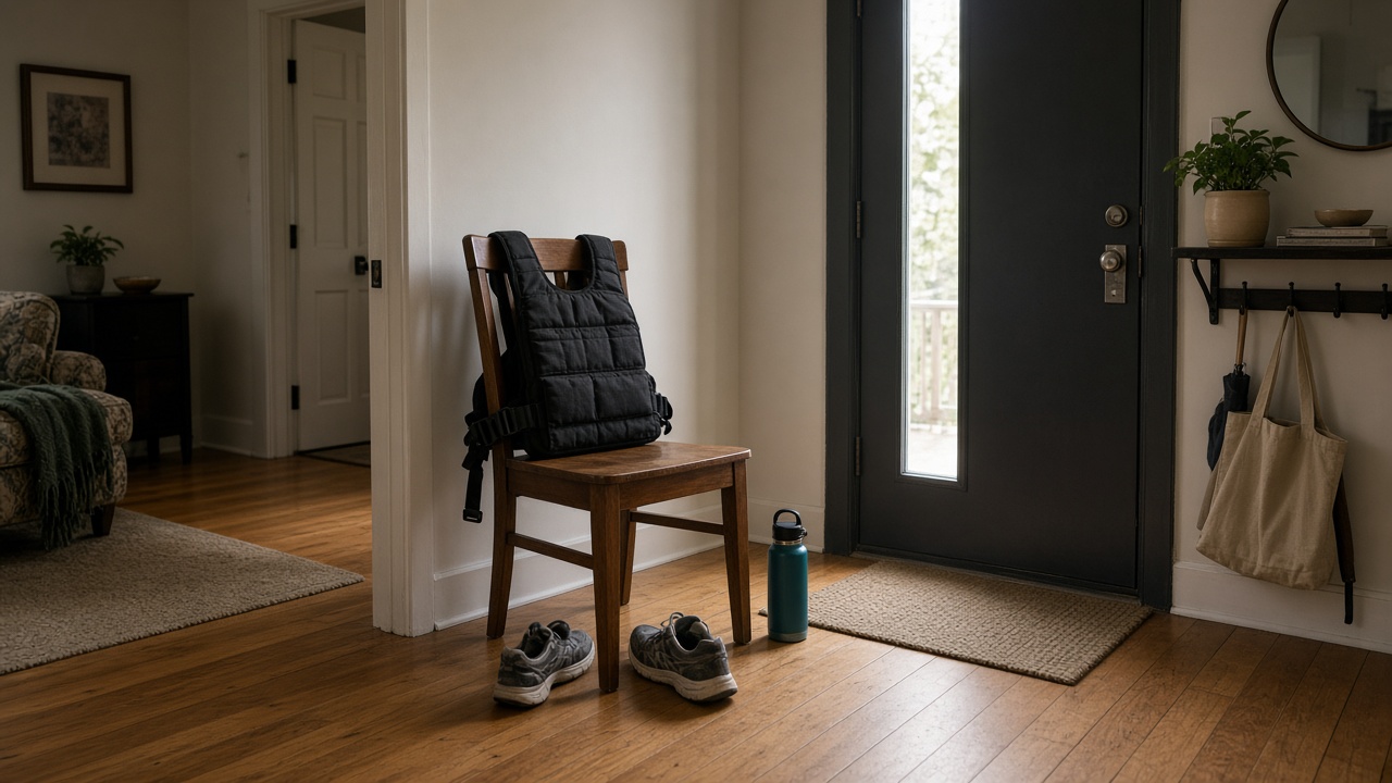 Weighted vest draped on chair by apartment front door ready for a walk