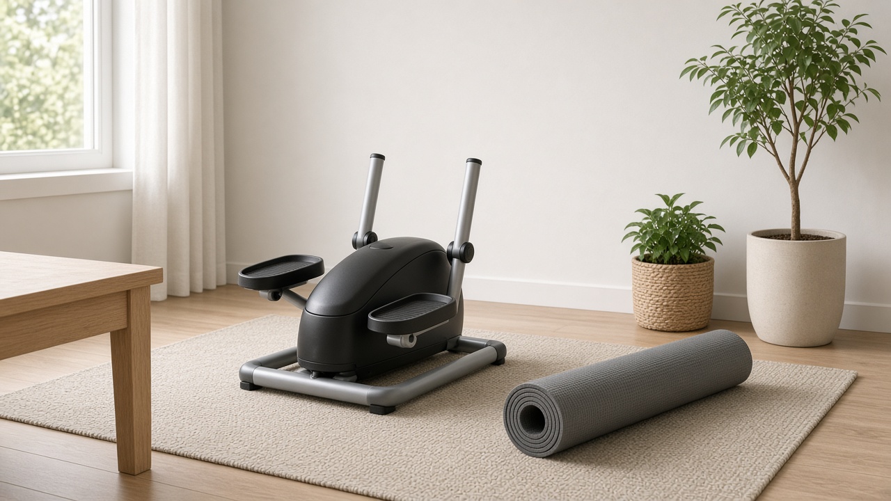 Compact under-desk bike and rolled mat in a small apartment