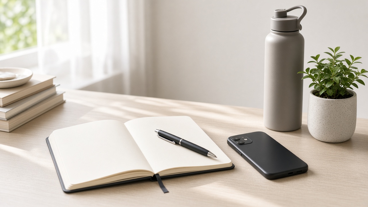 Notebook and water bottle for practical healthy-living guides