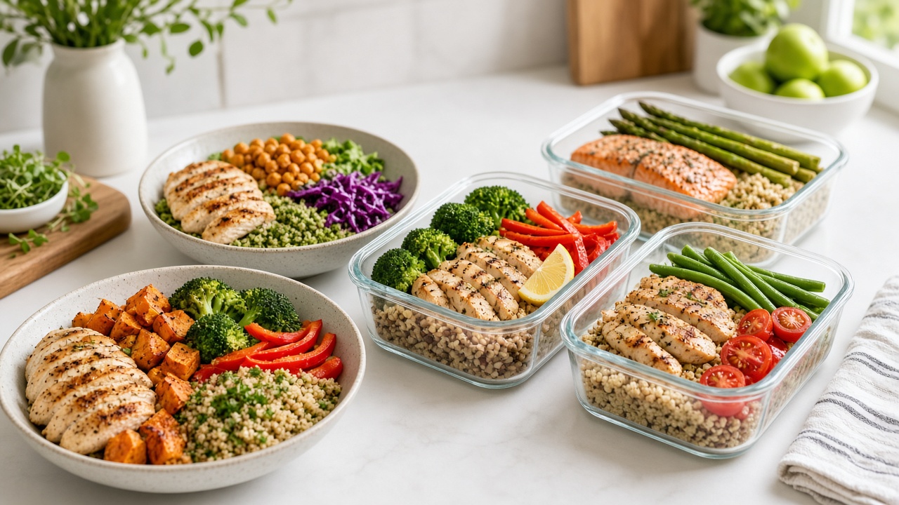 Meal-prep containers with chicken, rice and vegetables