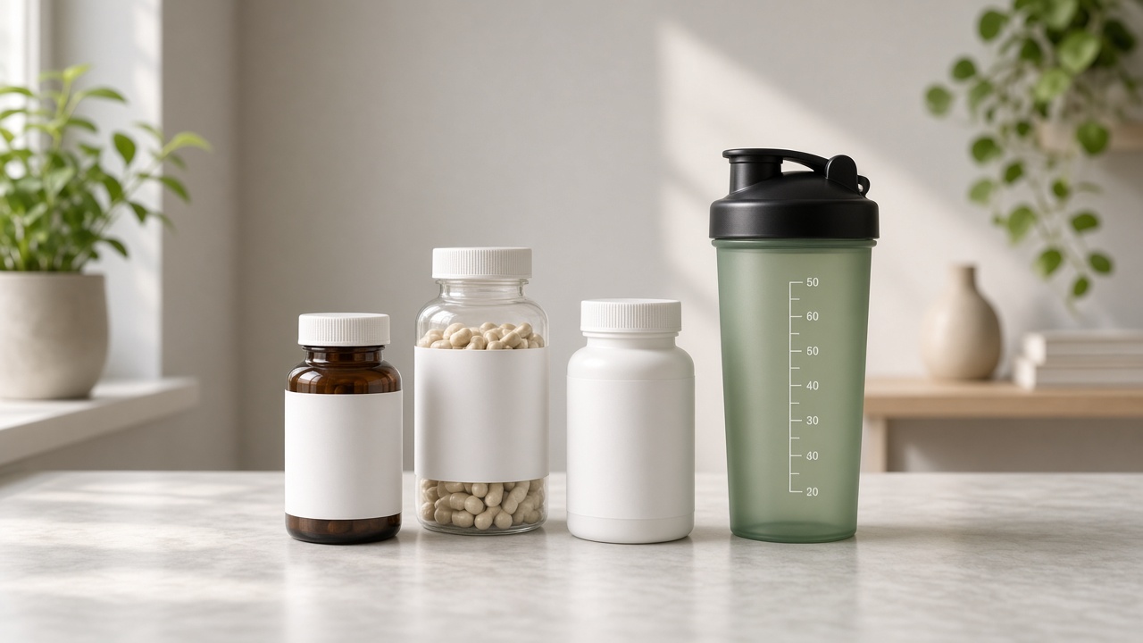 Protein, creatine and recovery basics on a shelf in a bright kitchen