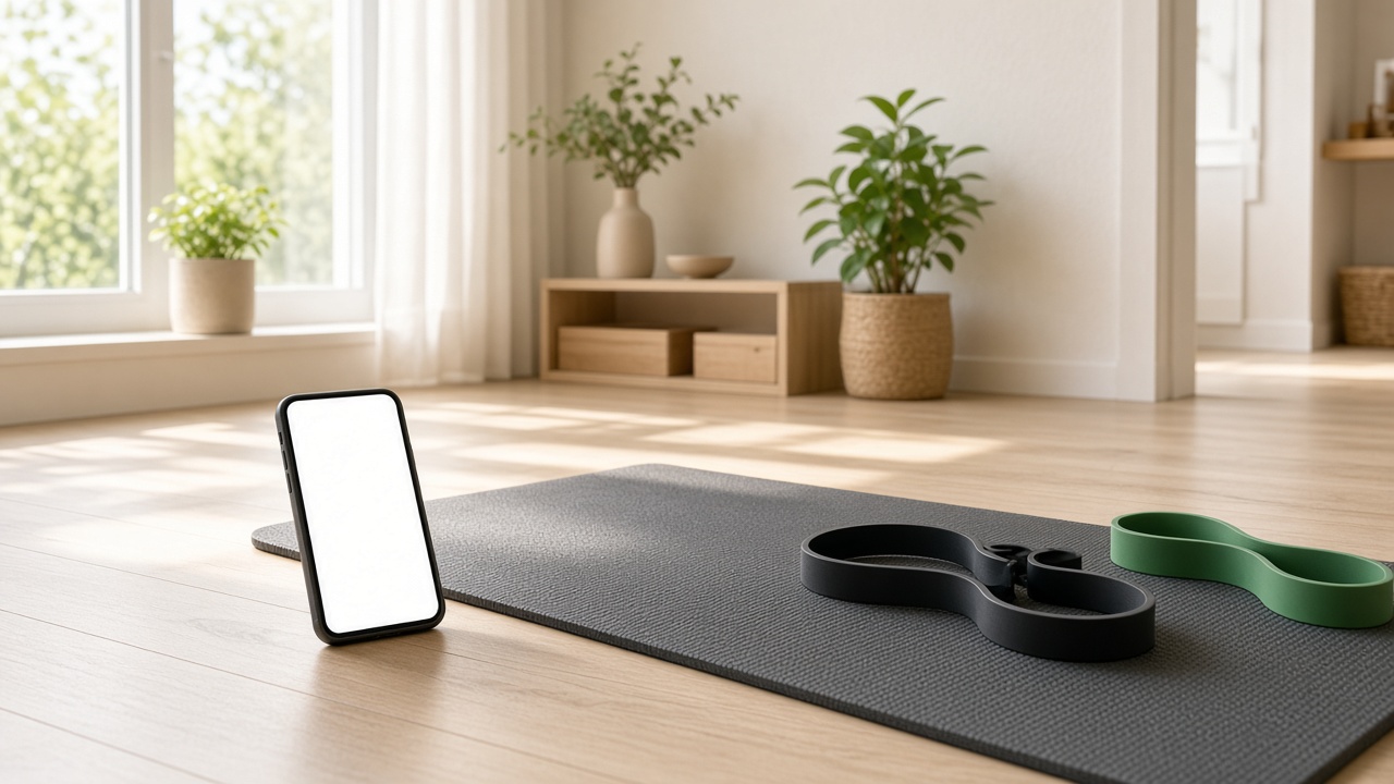 Phone and resistance bands on a mat in a bright apartment
