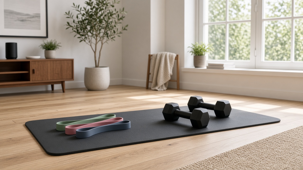 Dumbbells and bands on a mat in a small living room