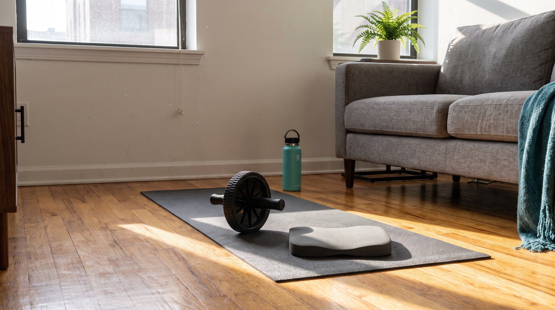 Black ab roller wheel with knee pad on warm oak hardwood apartment floor over a charcoal yoga mat, teal water bottle nearby, no people
