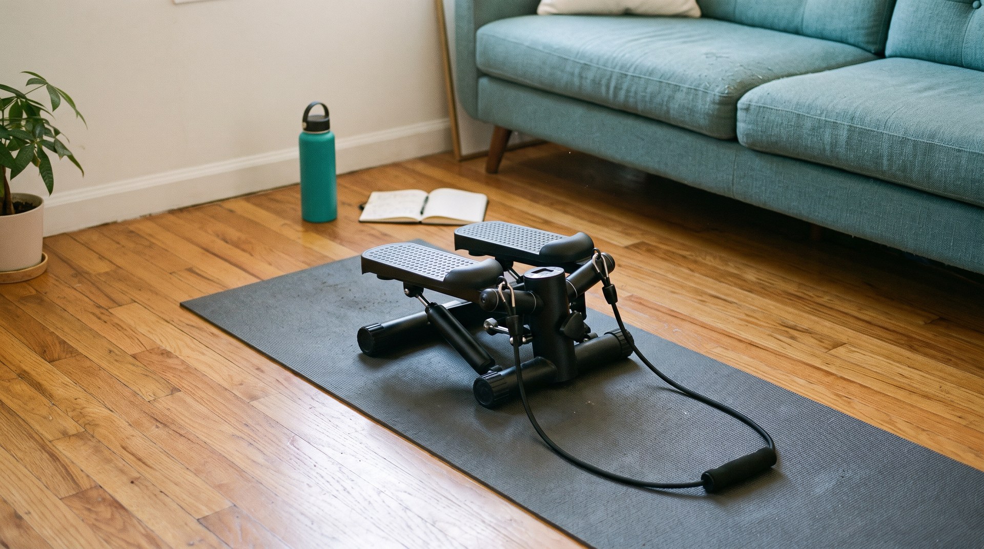 Black hydraulic mini stair stepper with resistance bands on warm oak hardwood apartment floor over a charcoal mat, teal water bottle nearby, no people