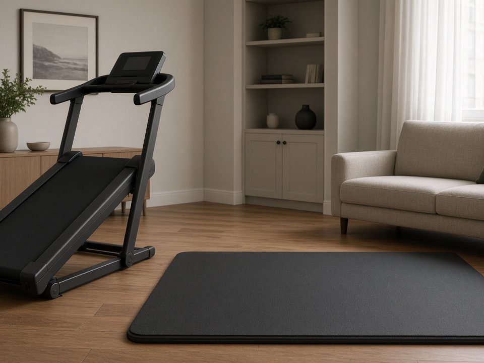 Folding treadmill with a rail and rubber mat in a small living room (illustrative AI image, not the exact product)