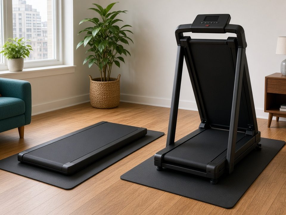 Flat walking pad and a treadmill on rubber mats in a small apartment (illustrative AI image, not the exact product)