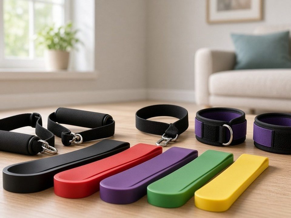 Tube resistance bands with handles and ankle straps on a living room floor (illustrative AI image, not the exact product)