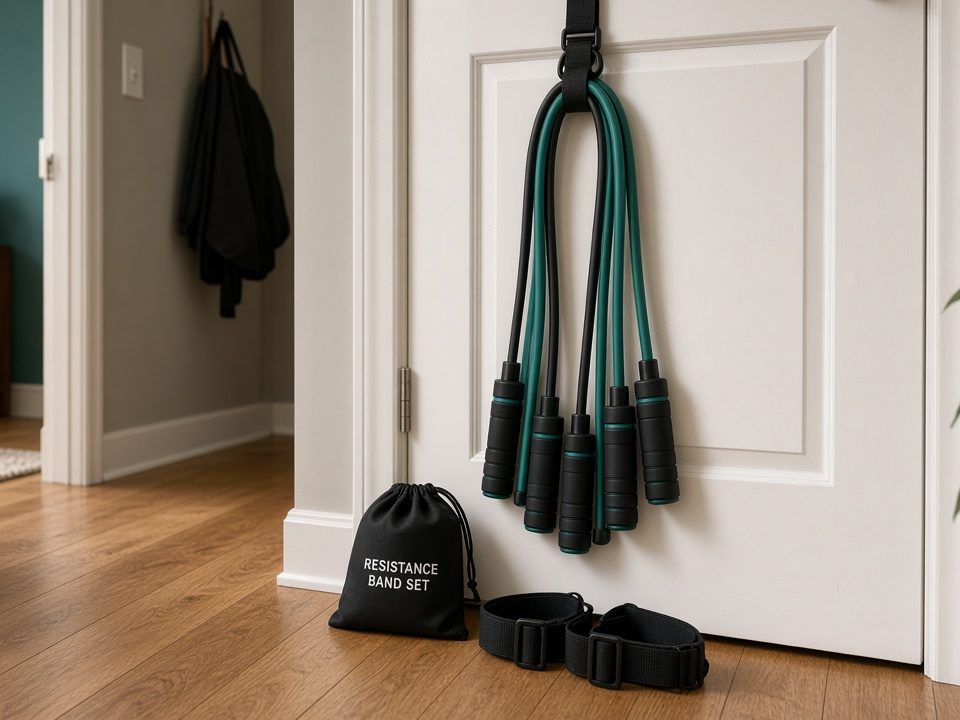Tube bands hanging from a door anchor beside a storage bag (illustrative AI image, not the exact product)