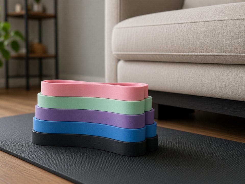 A stack of flat latex resistance bands on a mat beside a sofa (illustrative AI image, not the exact product)