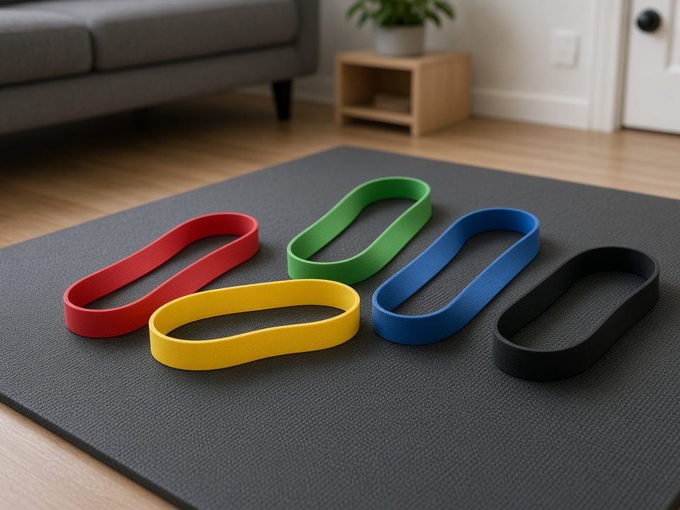 Five loop resistance bands in different colors on a mat (illustrative AI image, not the exact product)
