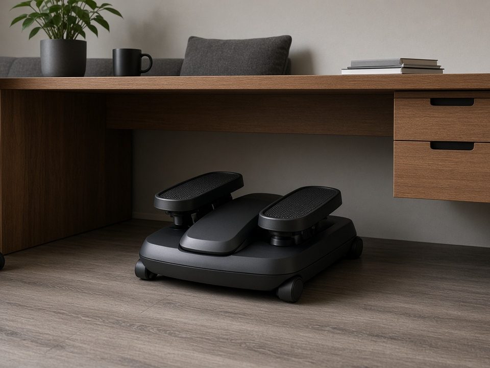A compact under-desk elliptical beneath a wooden desk in a home office (illustrative AI image, not the exact product)