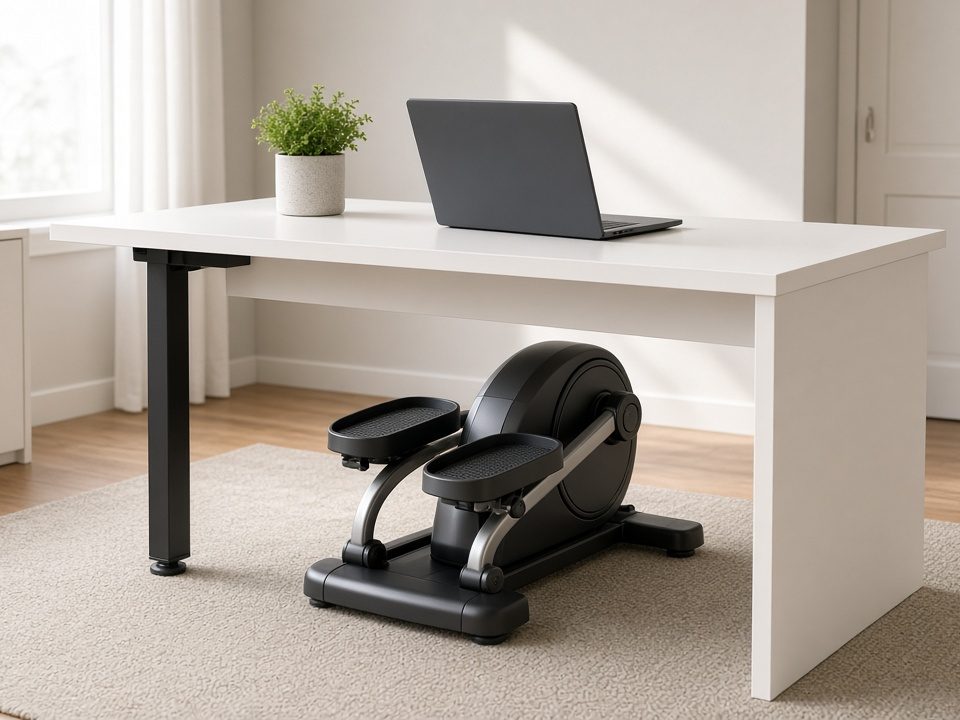 A small seated elliptical under a white desk with a laptop (illustrative AI image, not the exact product)