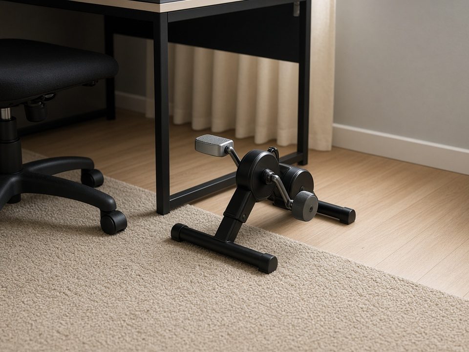 A compact under-desk pedal machine beside a chair on a rug (illustrative AI image, not the exact product)