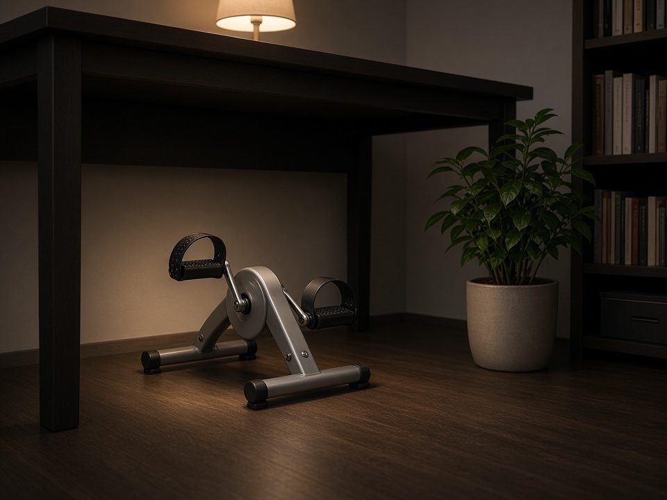 An under-desk pedal exerciser in a dim, cozy home office (illustrative AI image, not the exact product)