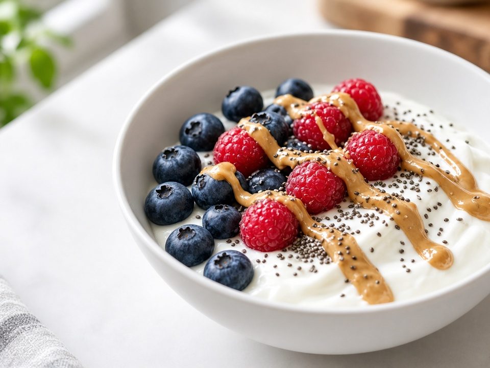 High-protein breakfast bowl with yogurt, berries and nut butter