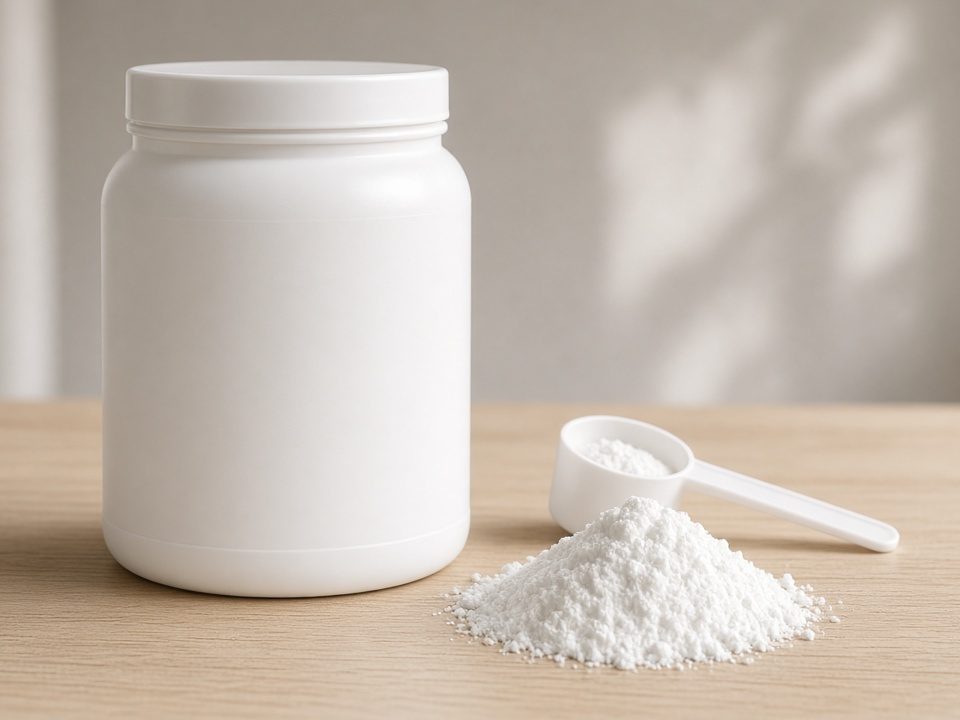 Creatine monohydrate powder and a scoop