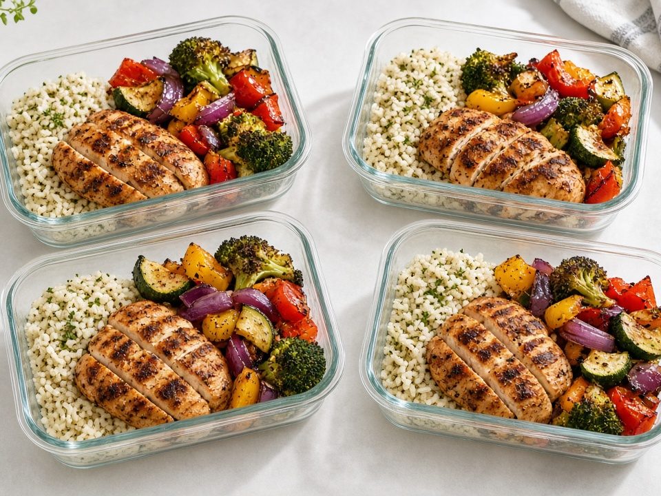 Four glass meal-prep containers with chicken and vegetables