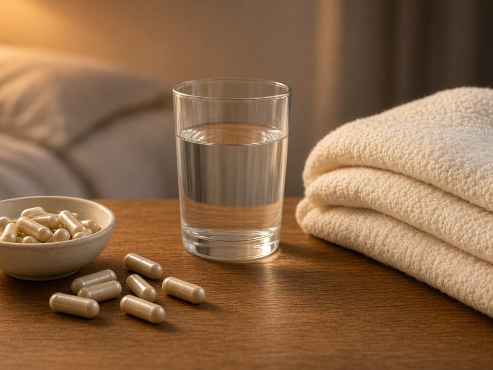 Magnesium supplement and a glass of water on a bedside table