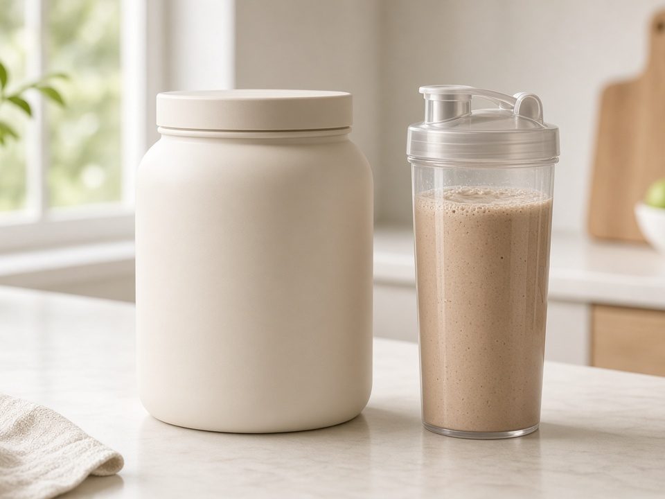 Whey protein tub and shaker bottle on a kitchen counter