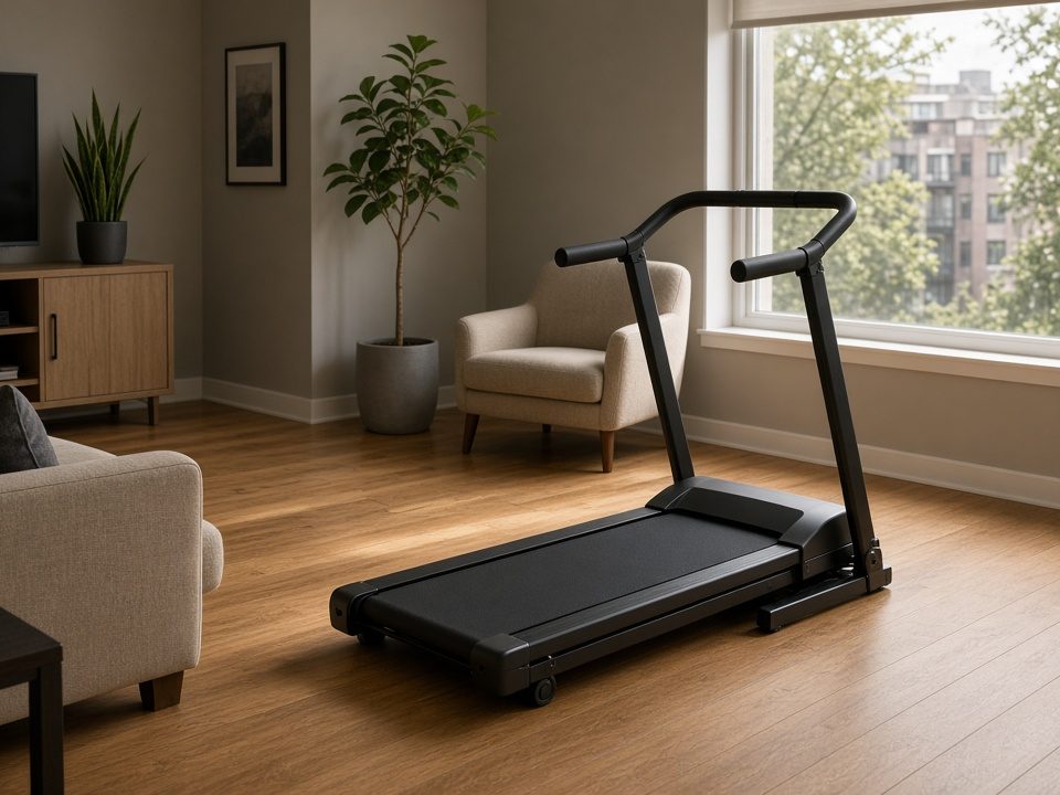A full-size folding treadmill with a handrail in a bright living room (illustrative AI image, not the exact product)