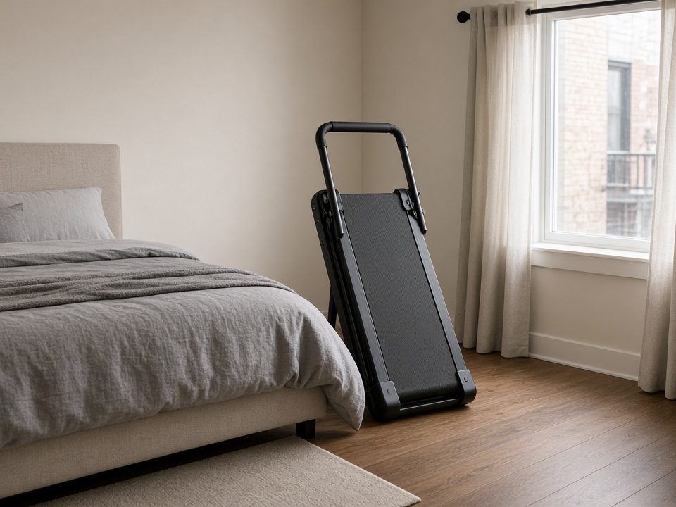 A fold-in-half walking pad standing upright beside a bed with its handle bar up (illustrative AI image, not the exact product)