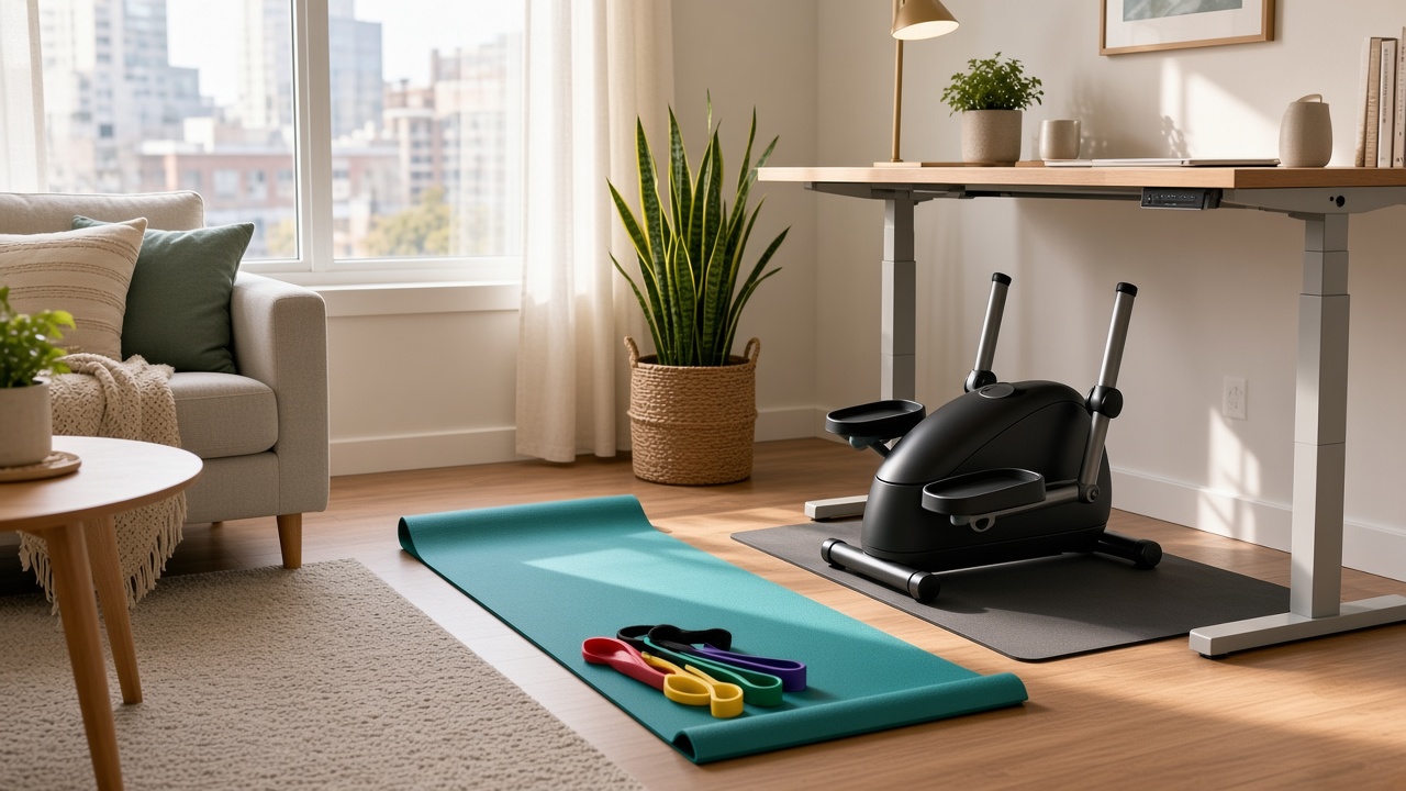 Quiet apartment fitness setup on warm wood floors