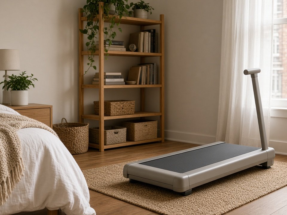 Simple walking pad with a handle on a jute rug in a small bedroom with a bookshelf (illustrative AI image, not the exact product)