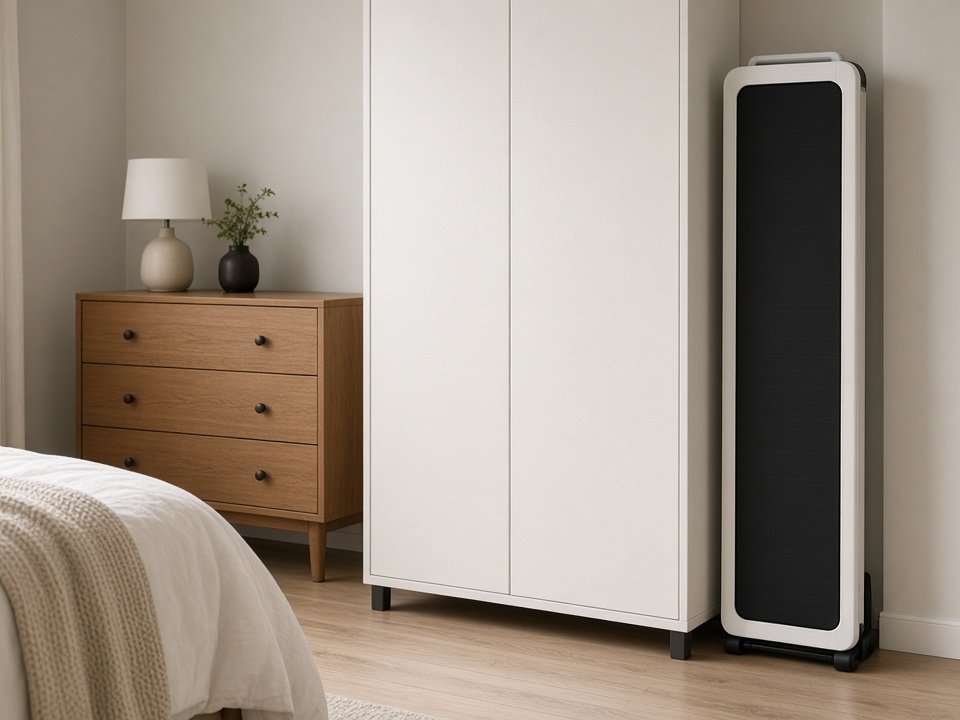 Fold-in-half walking pad standing upright beside a wardrobe (illustrative AI image, not the exact product)