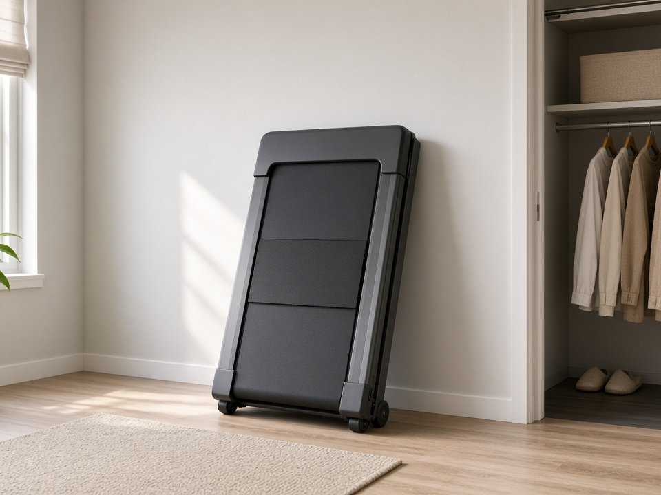 Folded walking pad standing upright against a wall next to a closet (illustrative AI image, not the exact product)