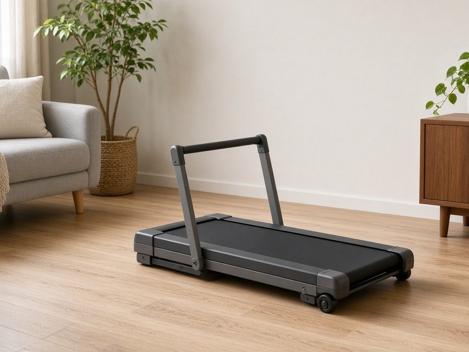 Low folding treadmill with a rail in a small apartment (illustrative AI image, not the exact product)