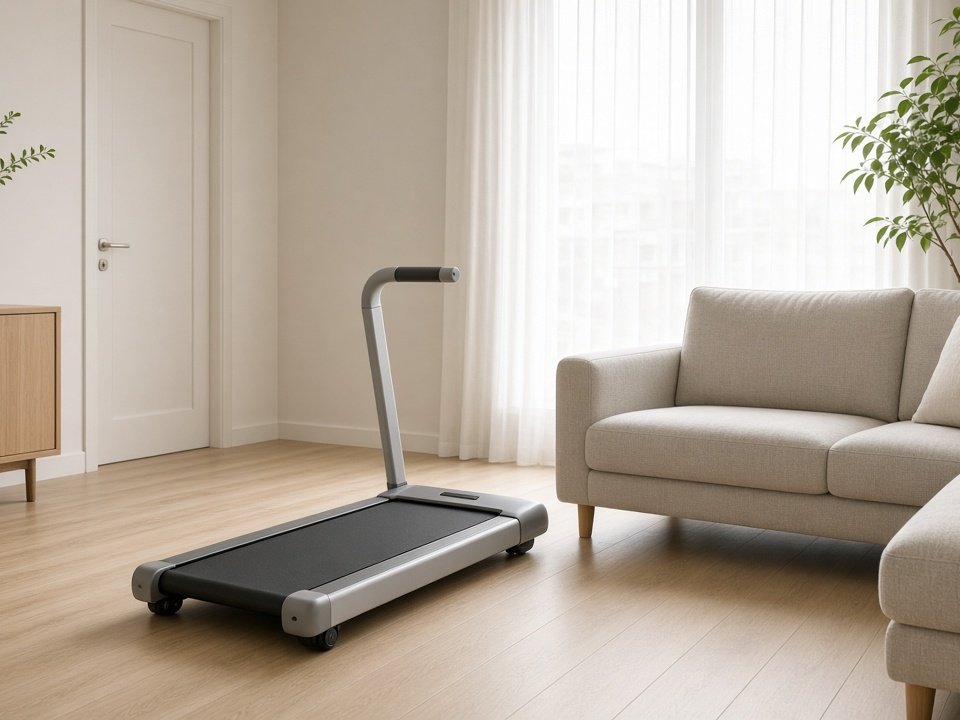 Compact walking pad with a handle in a bright small living room next to a sofa (illustrative AI image, not the exact product)
