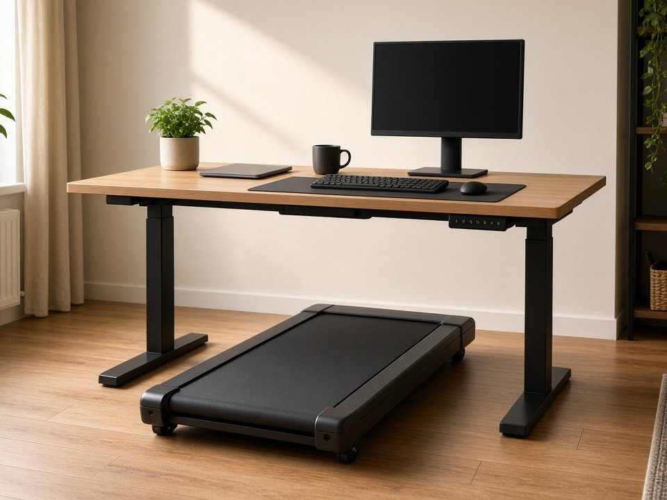 Low-profile walking pad tucked under a standing desk in a small home office (illustrative AI image, not the exact product)