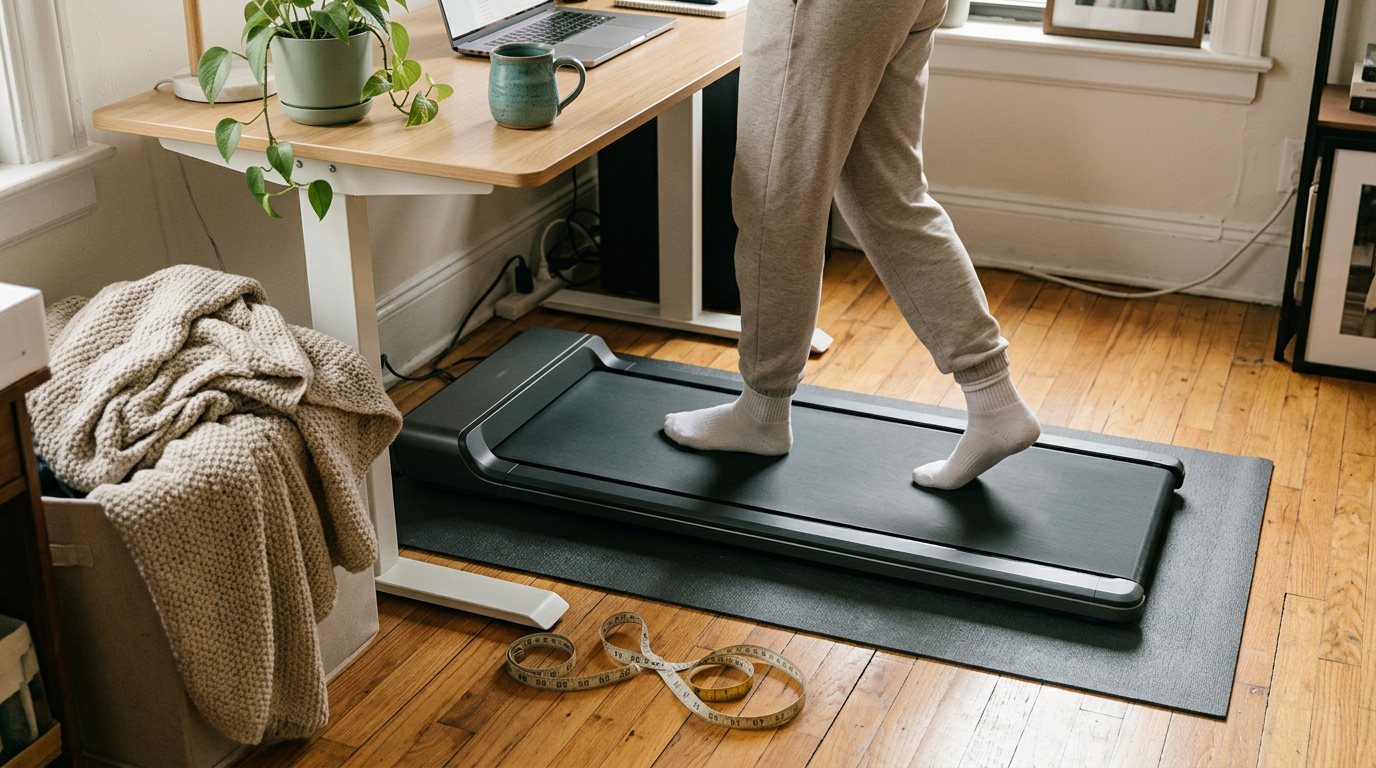 Walking pad on a treadmill mat under a wooden standing desk in a small apartment